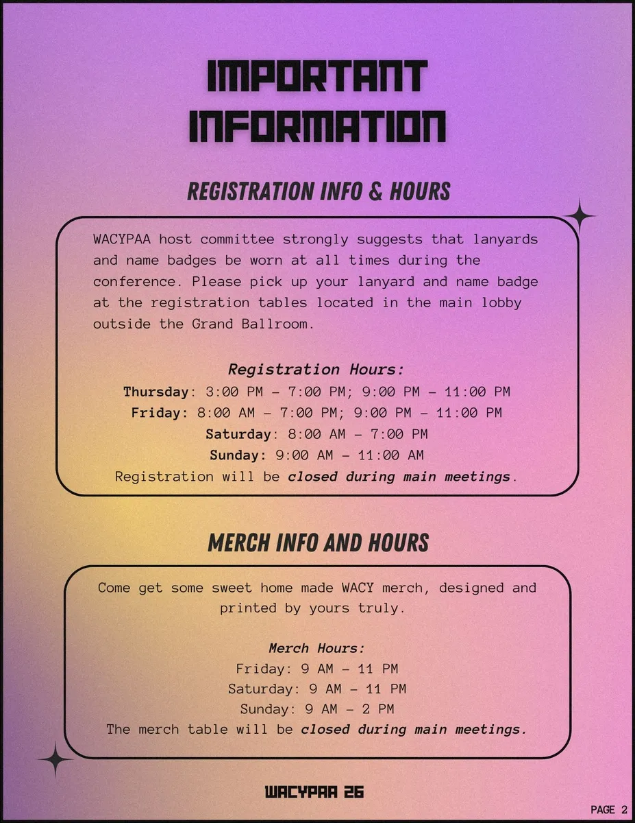 Page 2, Registration and merch info