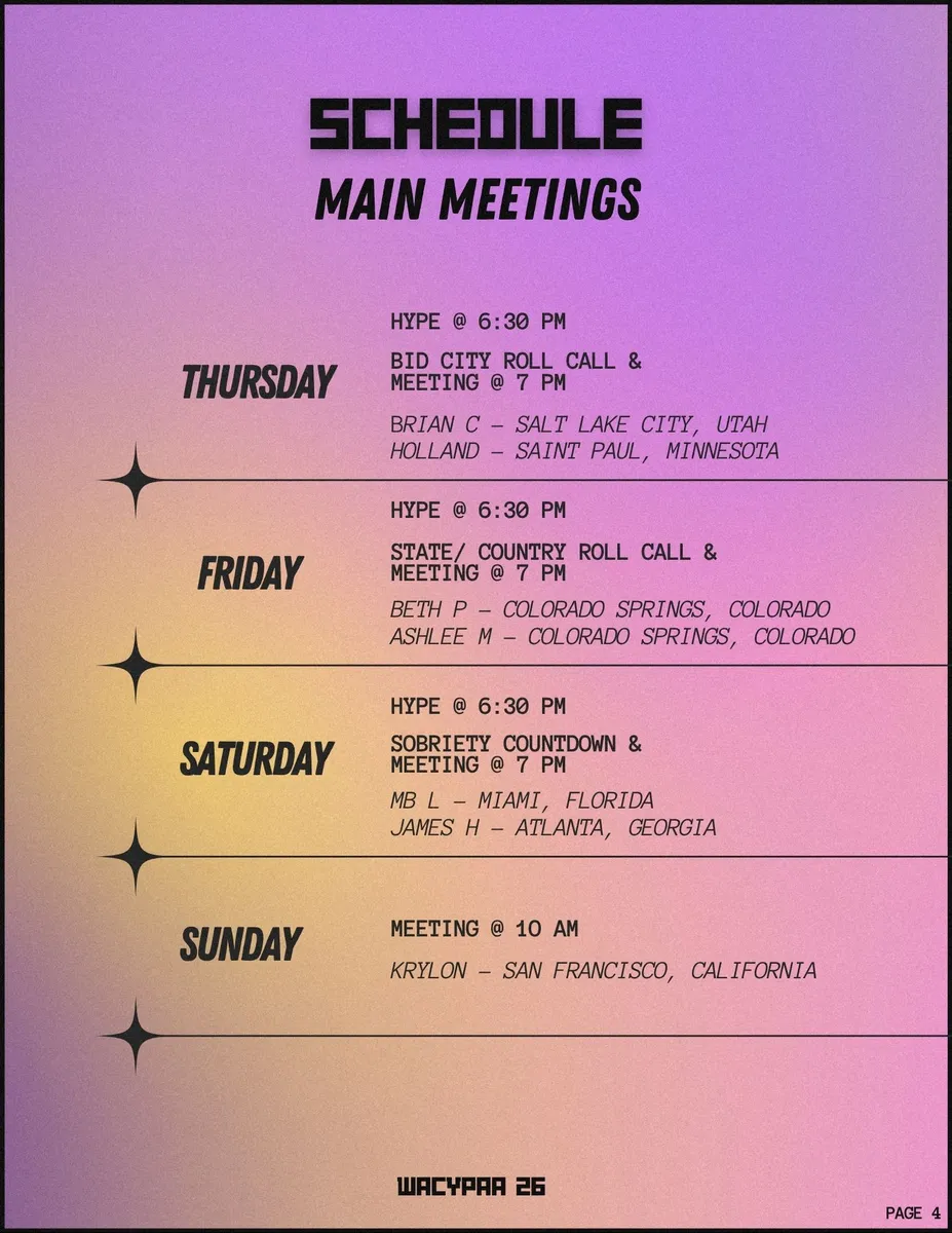 Page 4, Main meetings schedule