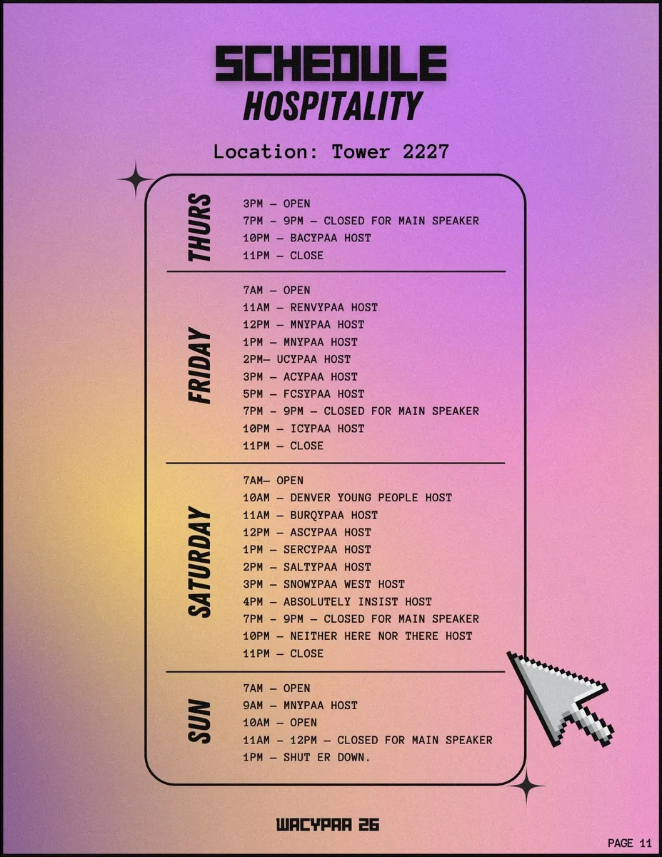 Page 11, Hospitality schedule