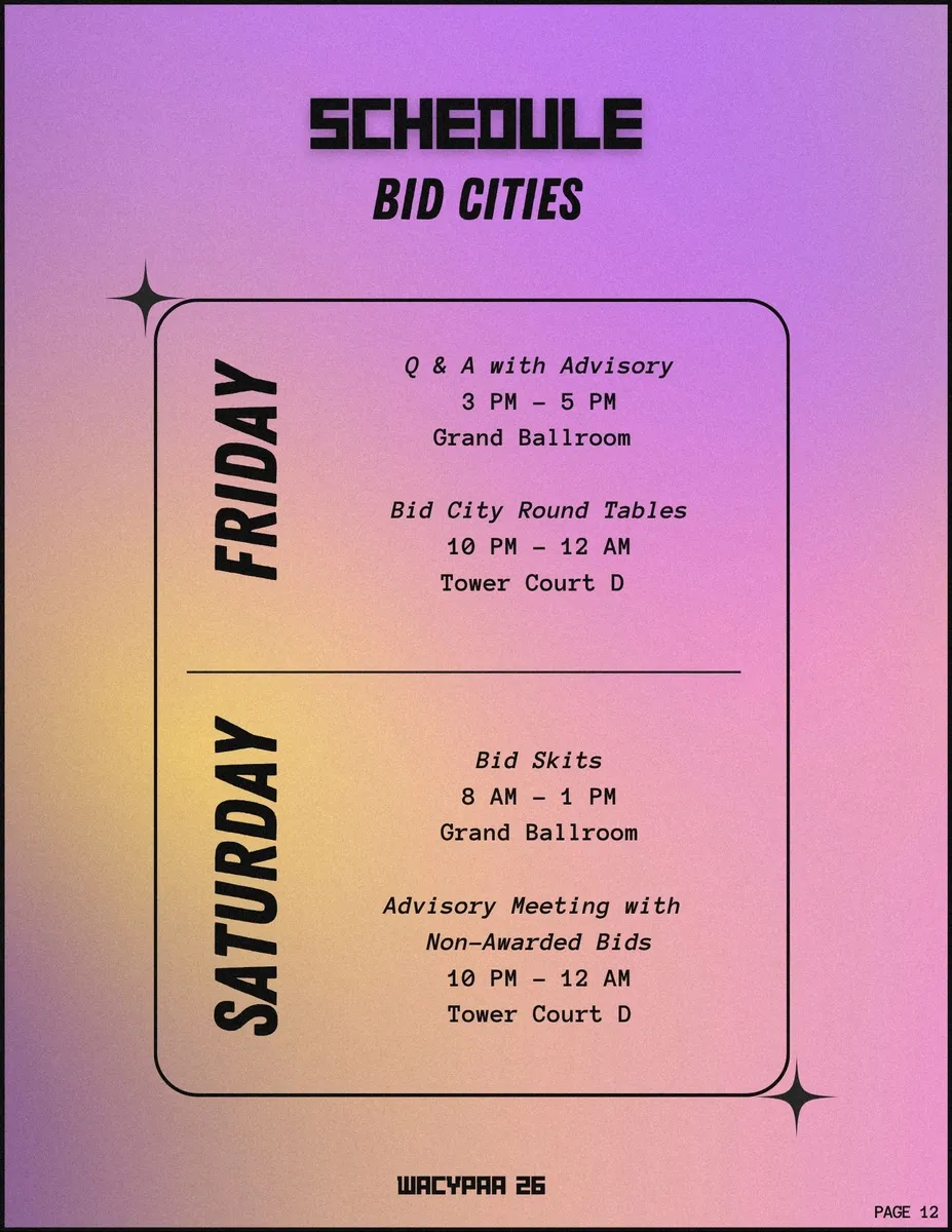 Page 12, Bid cities schedule